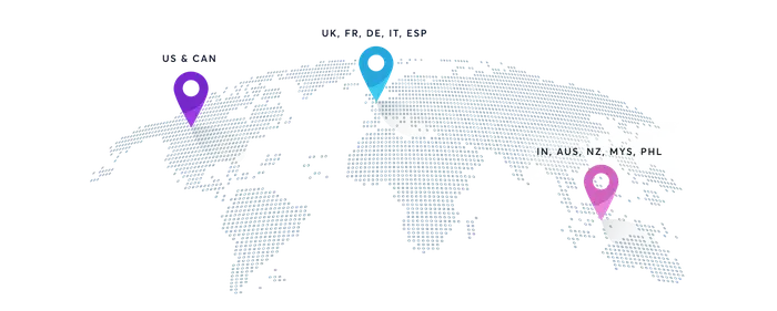 Illustration of map showing inclusion of survey participants in the US, Canada, the UK, France, Denmark, Italy, Spain, India, Australia, New Zealand, Malaysia, and the Philippines