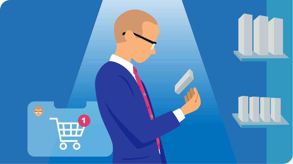 Man looking at an item in a store that's being automatically added to his cart