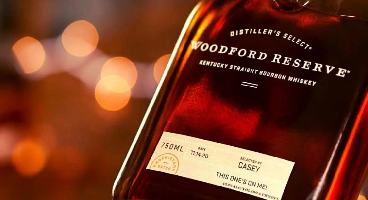Close up of woodford reserve bottle of whiskey